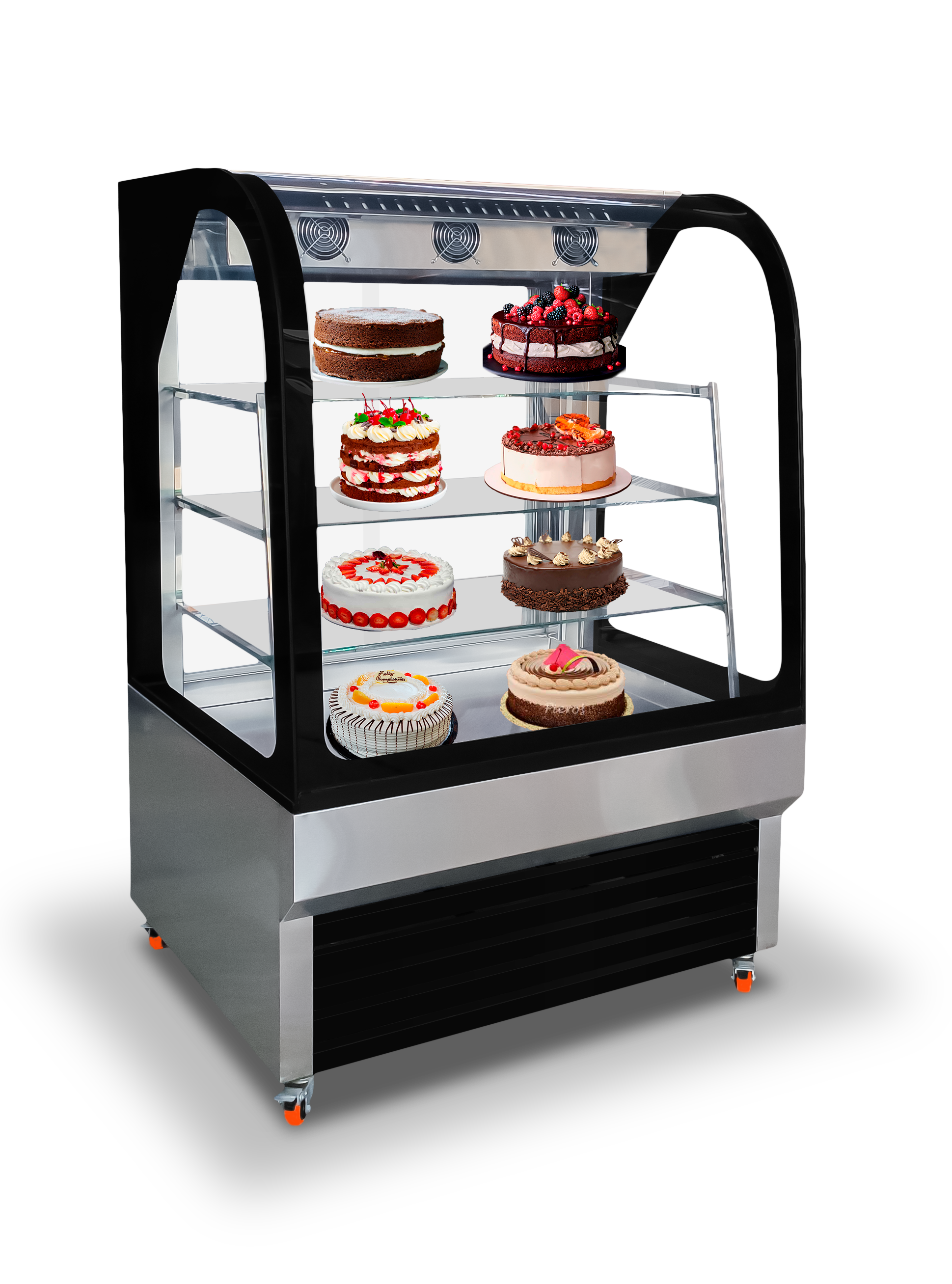Vitrina para tortas, mostrador curvo marco negro, cap 400 lt