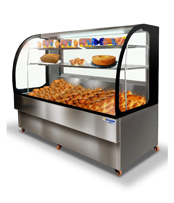 Vitrina panera, vidrio curvo, marco negro 3 compartimientos