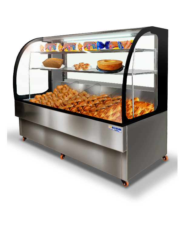 Vitrina panera, vidrio curvo, marco negro 4 compartimientos