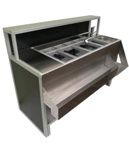 Barra para bartender, lavadero, espacios para bebidas