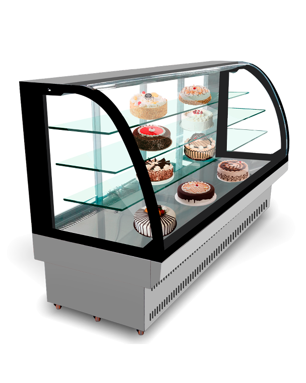 Vitrina para tortas, mostrador, curvo marco negro, cap. 1000 lt